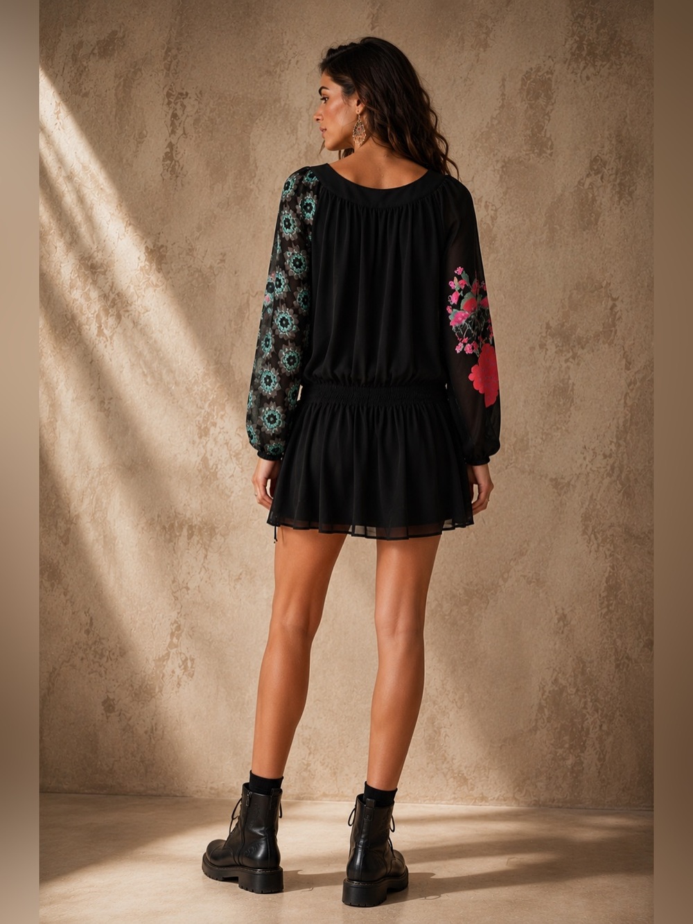 DESIGUAL Black Drop Waist‎ Flowy Dress Printed sleeves Size M - Picture 3 of 14